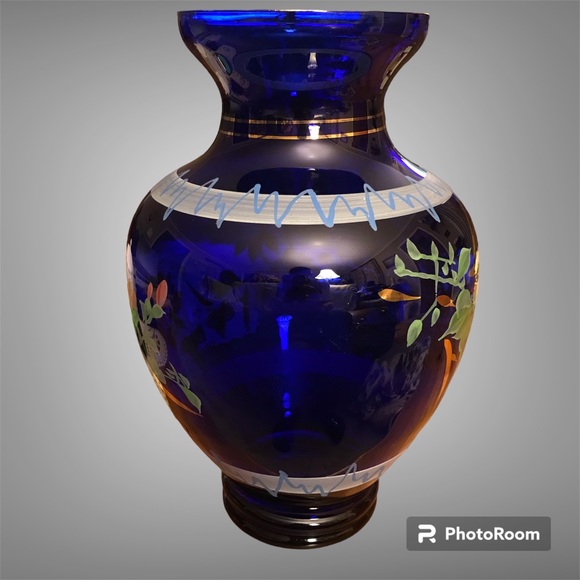 Vintage Hand-Painted Cobalt Blue Glass Large 10 1/2” Vase￼ - Picture 2 of 8